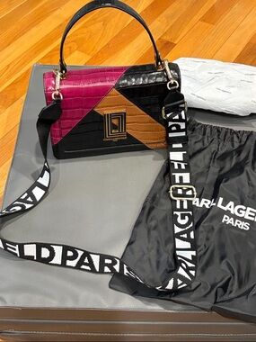 KARL LAGERFELD Fuchsia Black Tan Croc-Embossed Leather Crossbody